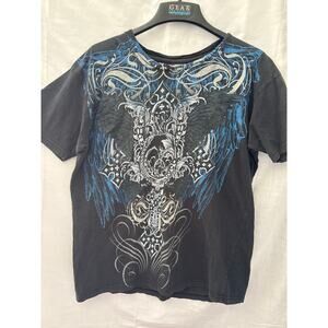 Carbon Black Y2K Wings Cross Goth Graphic Revolution  Large Black Blue T-Shirt